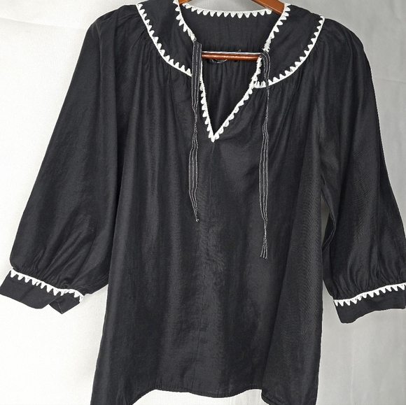 English Factory Tops - English Factory Peasant Top Black White Artsy Embroidered Trim Boho Folk Blouse